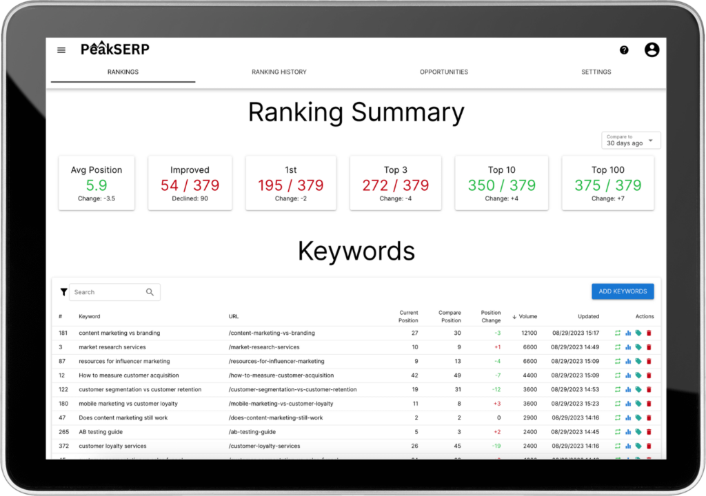 A screenshot of the project dashboard in PeakSERP.